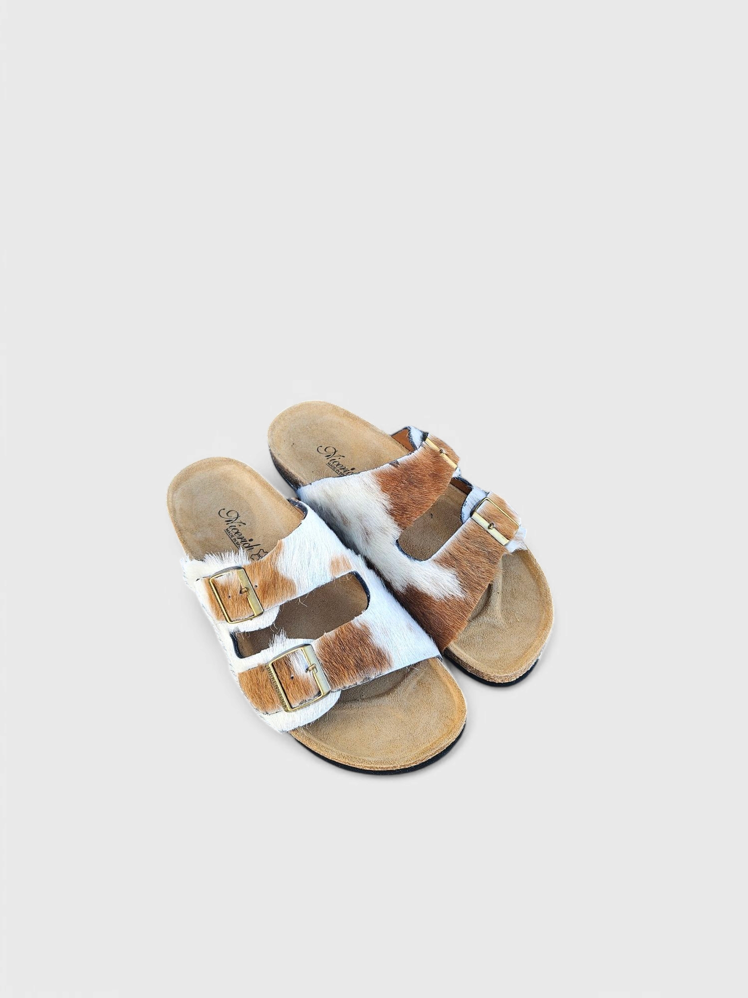 Double-Buckle Cowhide Slide Sandals [Brown]